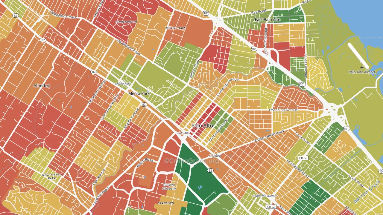 Downtown North San Jose, Palo Alto, CA Map of Arson Rates