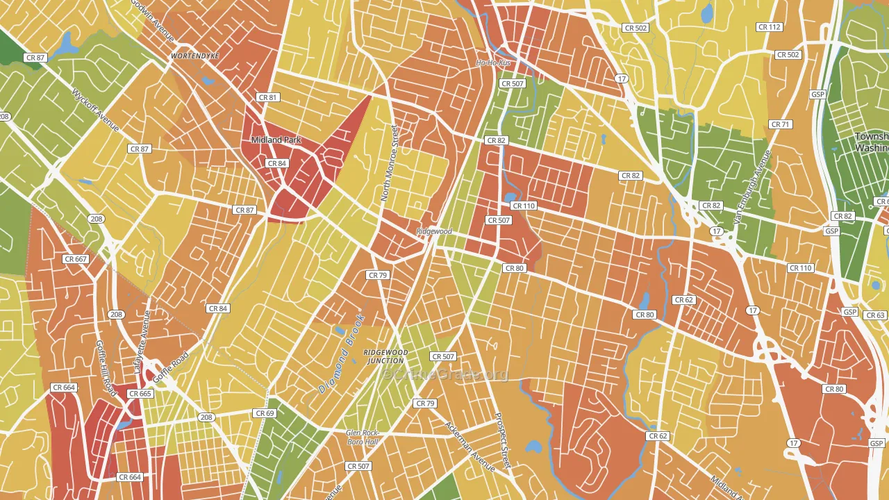 Downtown Ridgewood, Ridgewood, NJ Map of Arson Rates