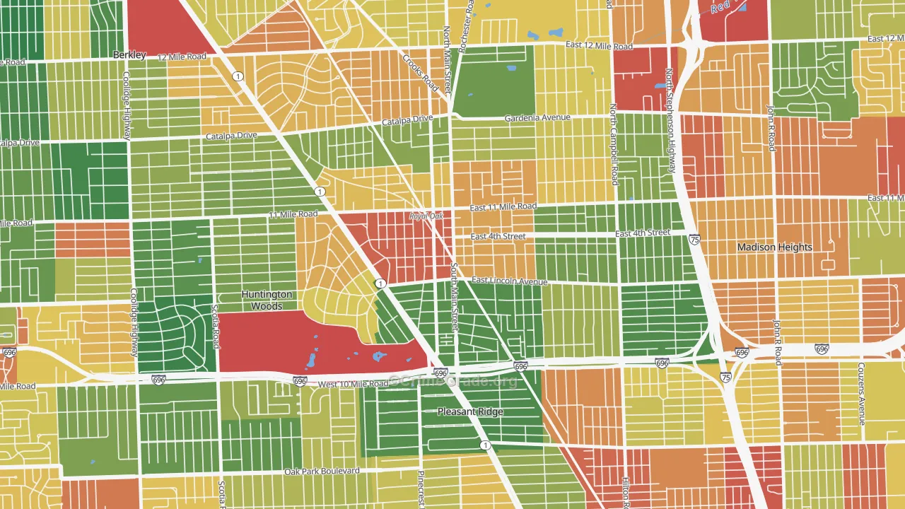 Downtown Royal Oak, Royal Oak, MI Map of Arson Rates