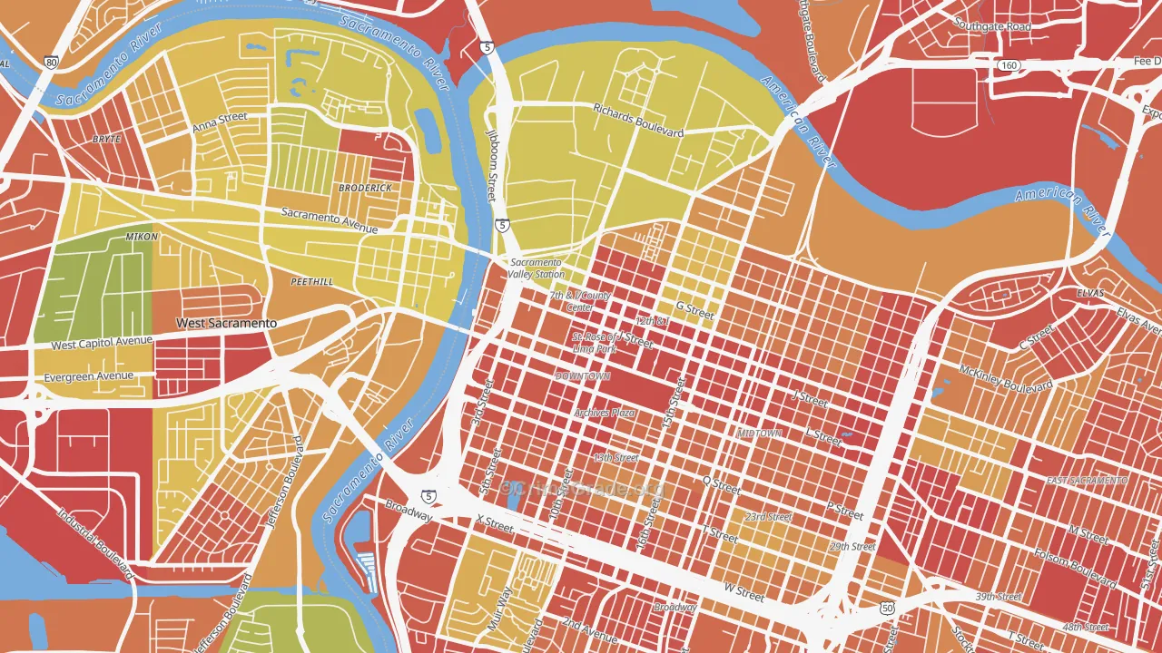 Downtown Sacramento, Sacramento, CA Map of Arson Rates