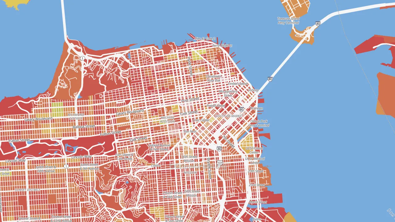 Downtown San Francisco, San Francisco, CA Map of Arson Rates