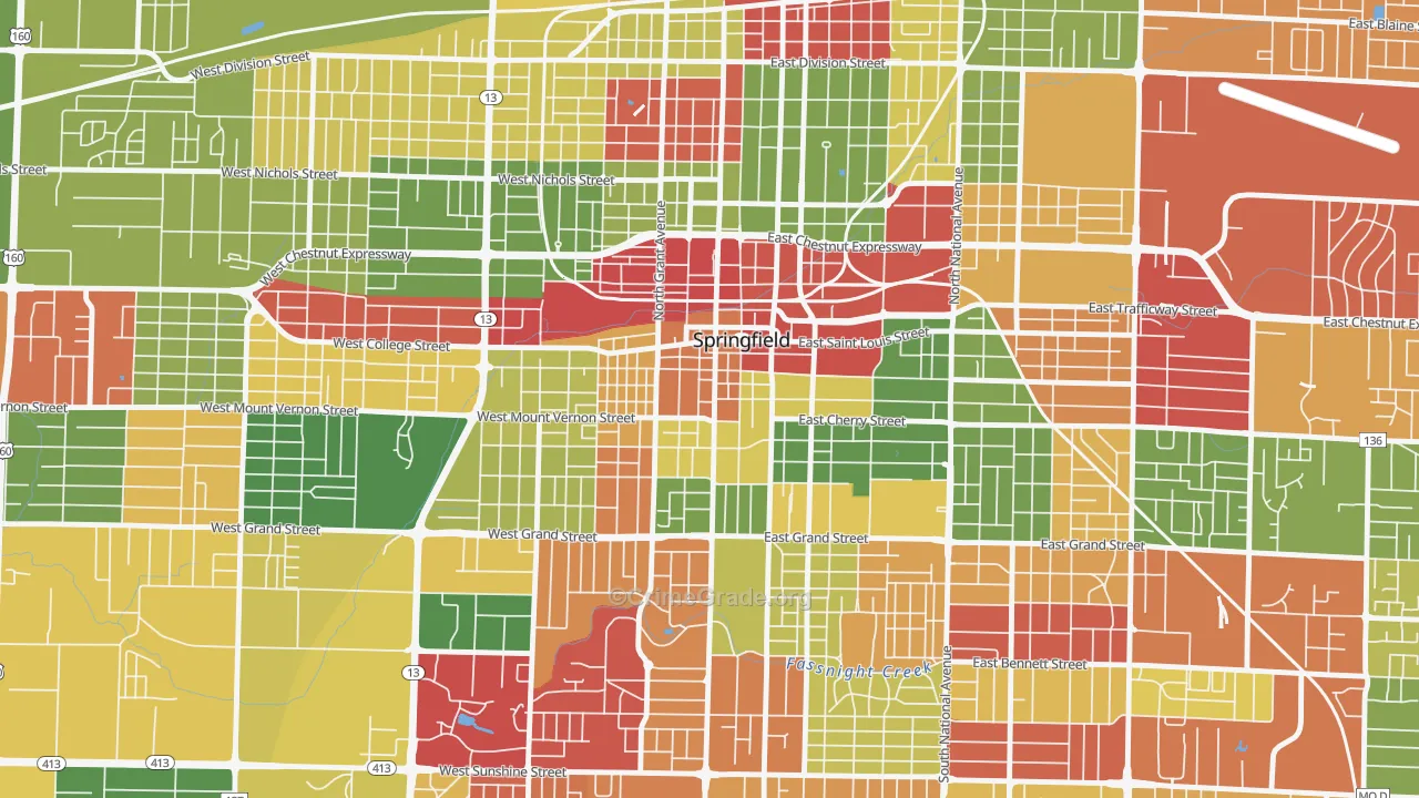 Downtown Springfield, Springfield, MO Map of Arson Rates