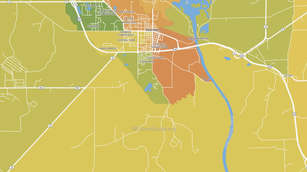 East Aberdeen, MS Map of Arson Rates