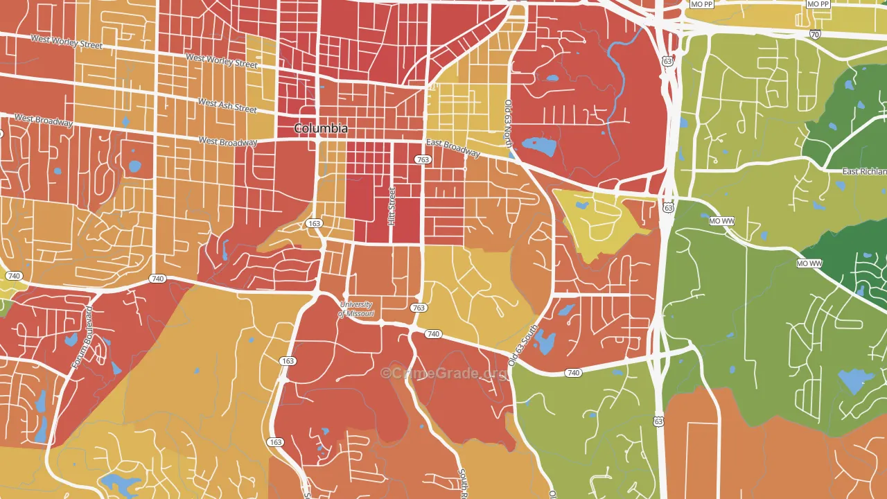 East Campus, Columbia, MO Map of Arson Rates