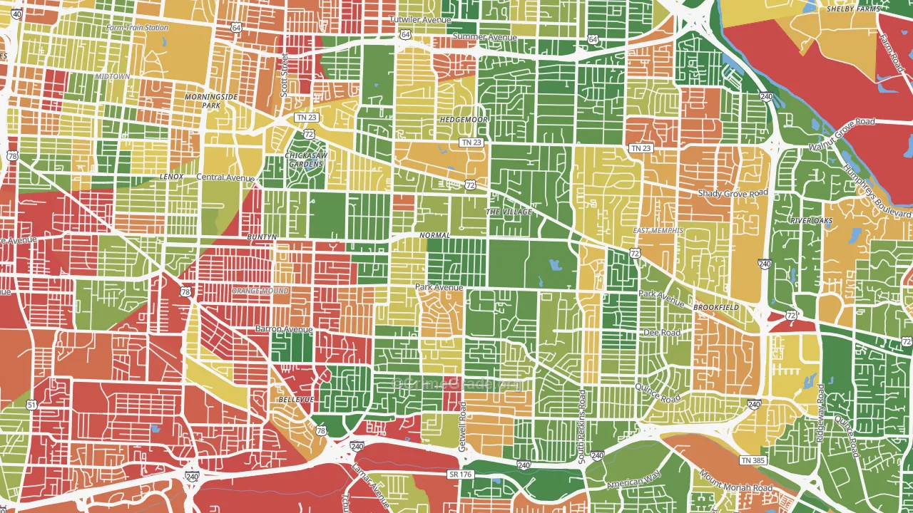 East Memphis-Colonial-Yorkshire, Memphis, TN Map of Arson Rates