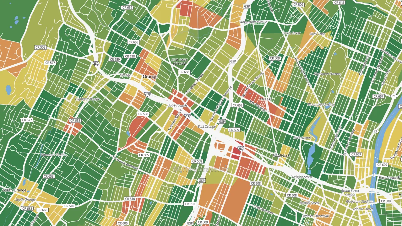 East Orange, NJ Map of Arson Rates