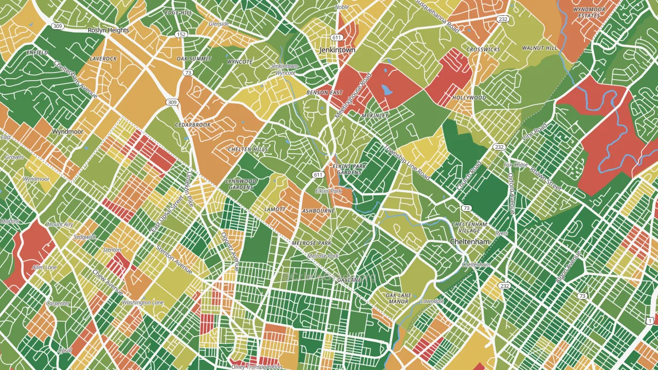 Elkins Park, PA Map of Arson Rates