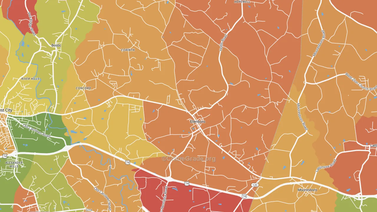 Ellenboro, NC Map of Arson Rates