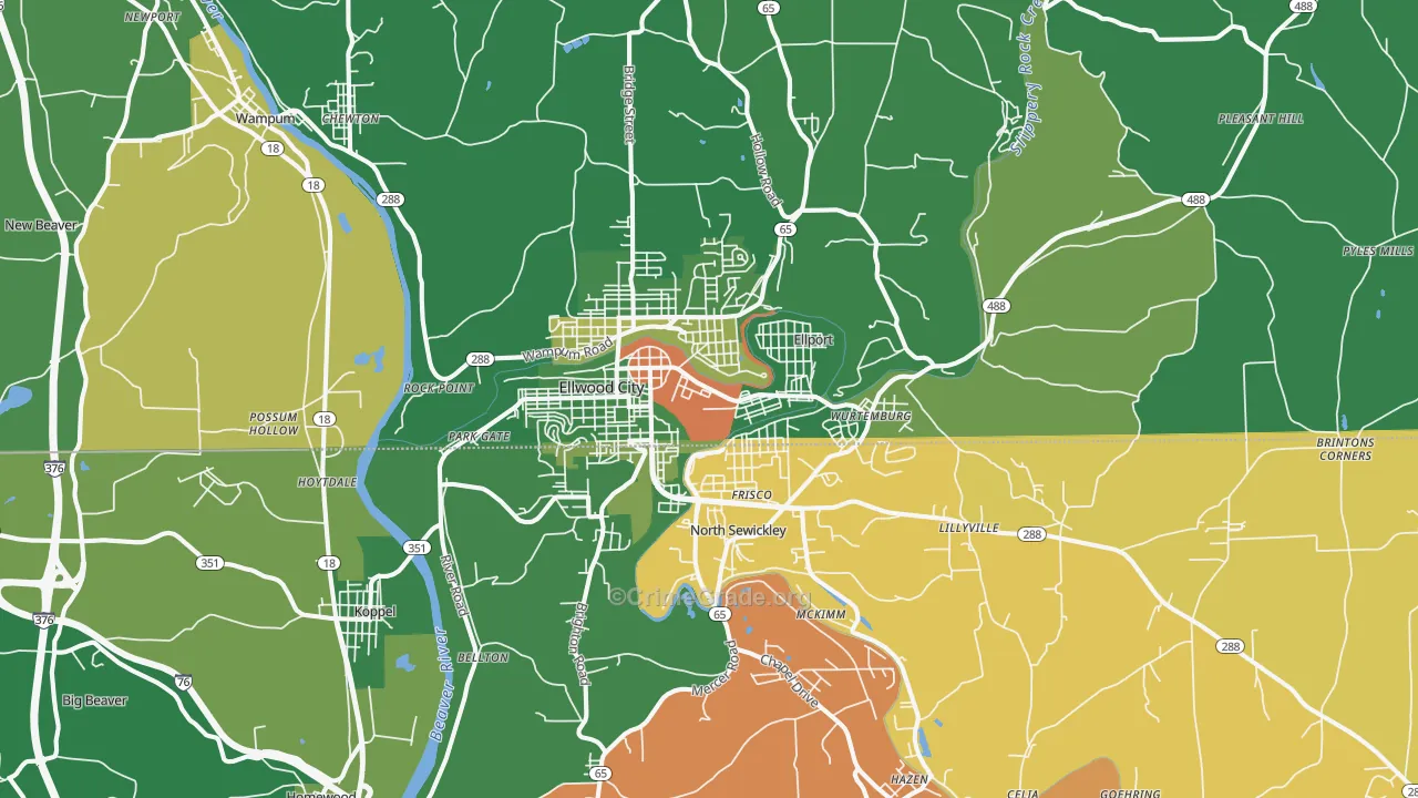Ellwood City, PA Map of Arson Rates
