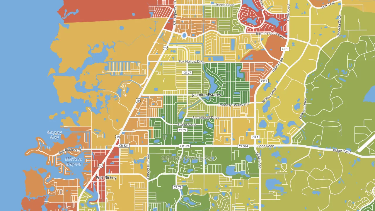 Embassy Hills, Jasmine Estates, FL Map of Arson Rates