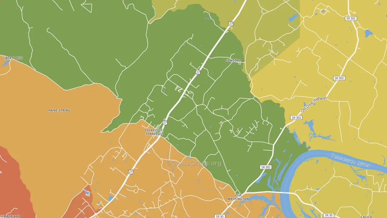Evensville, TN Map of Arson Rates