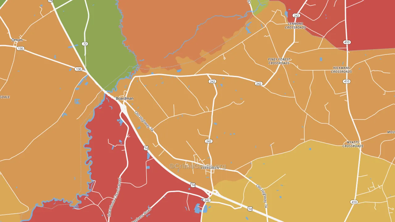 Evergreen, NC Map of Arson Rates