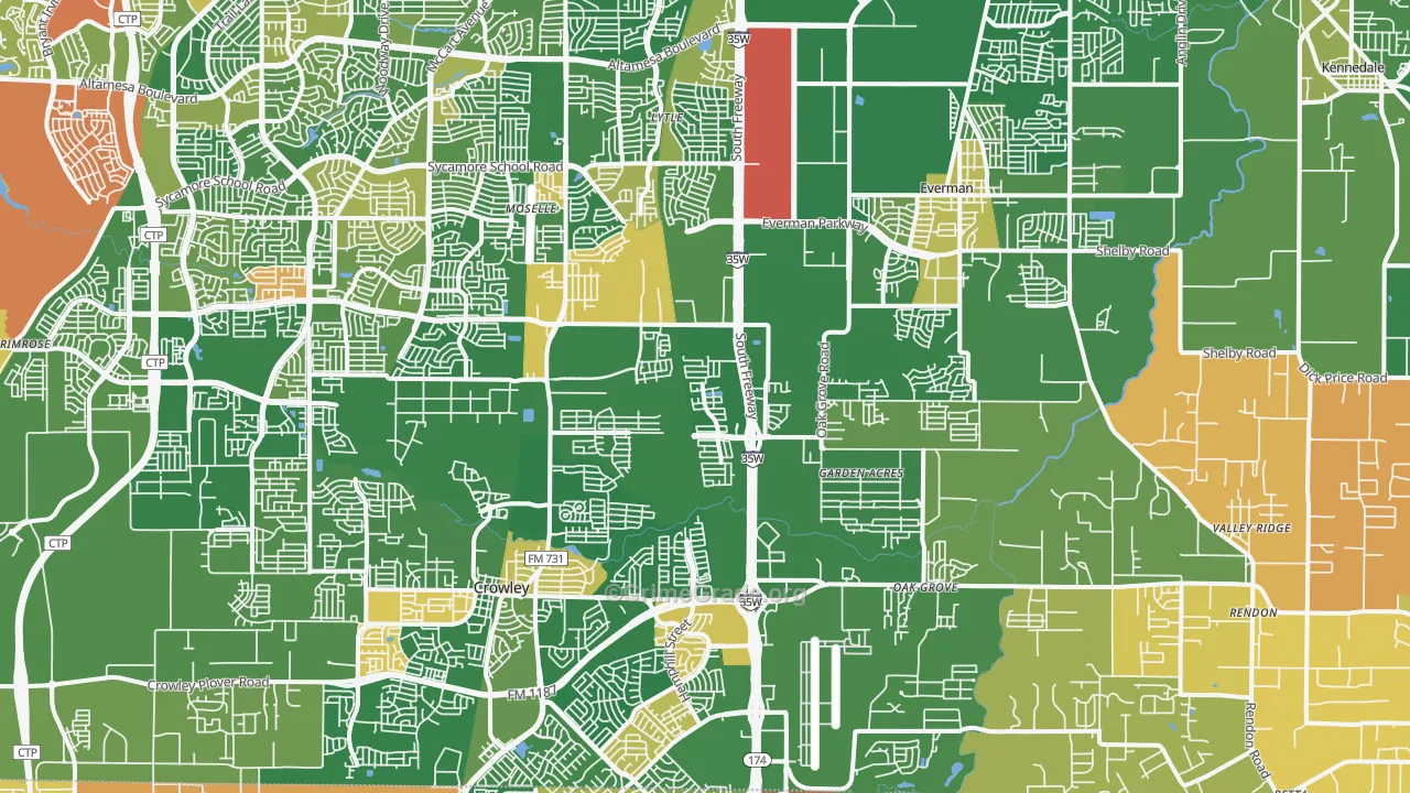 Far South, Fort Worth, TX Map of Arson Rates