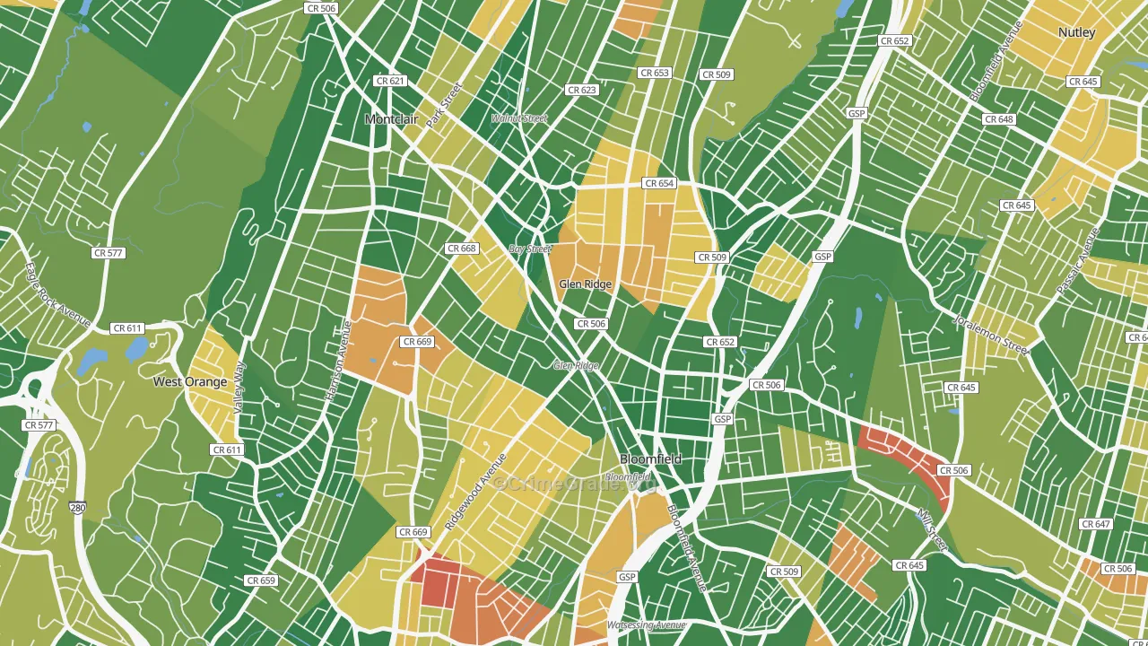Glen Ridge, NJ Map of Arson Rates