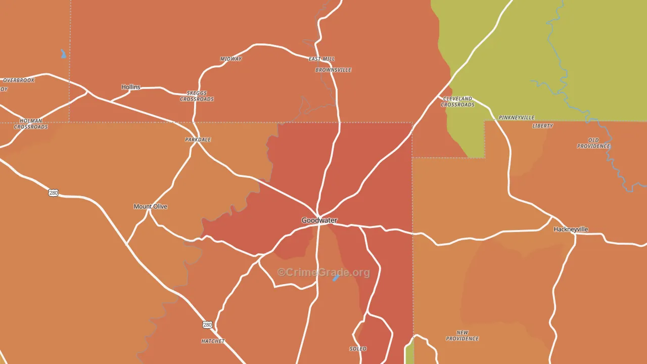 Goodwater, AL Map of Arson Rates