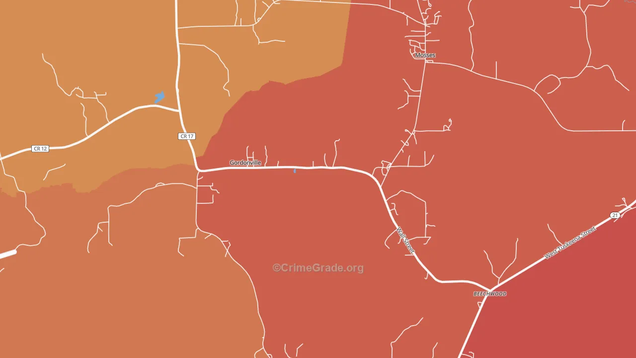 Gordonville, AL Map of Arson Rates