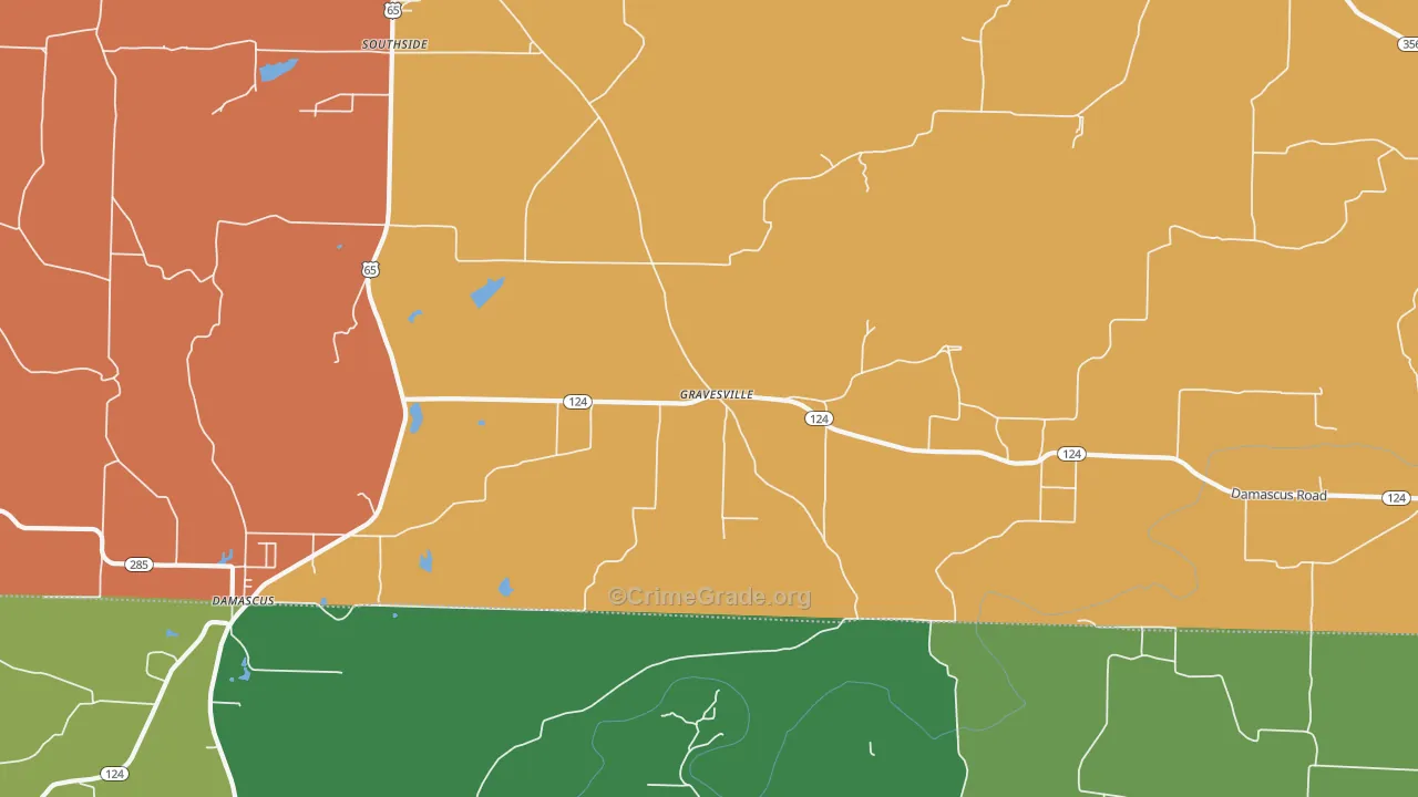 Gravesville, AR Map of Arson Rates