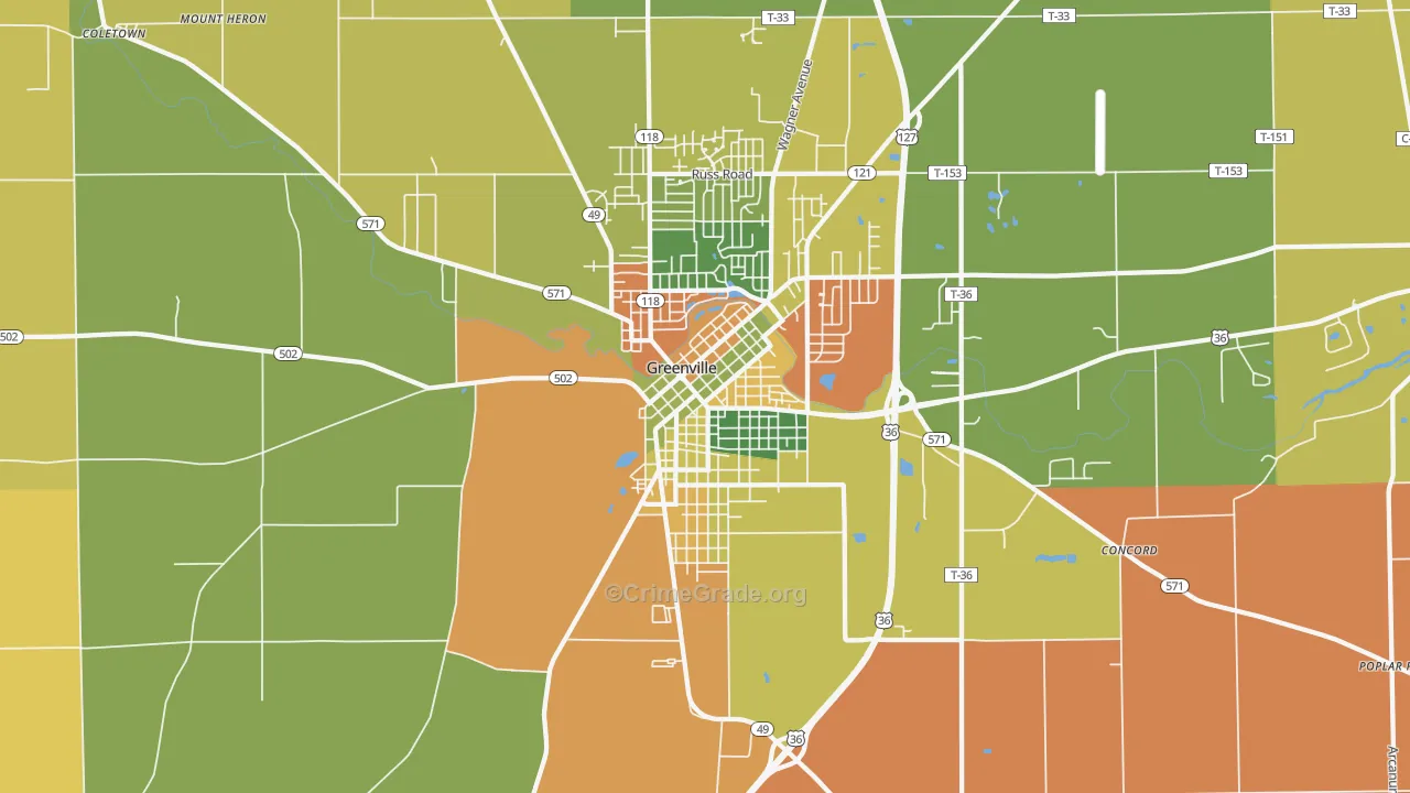 Greenville South Broadway Historic District, Greenville, OH Map of Arson Rates