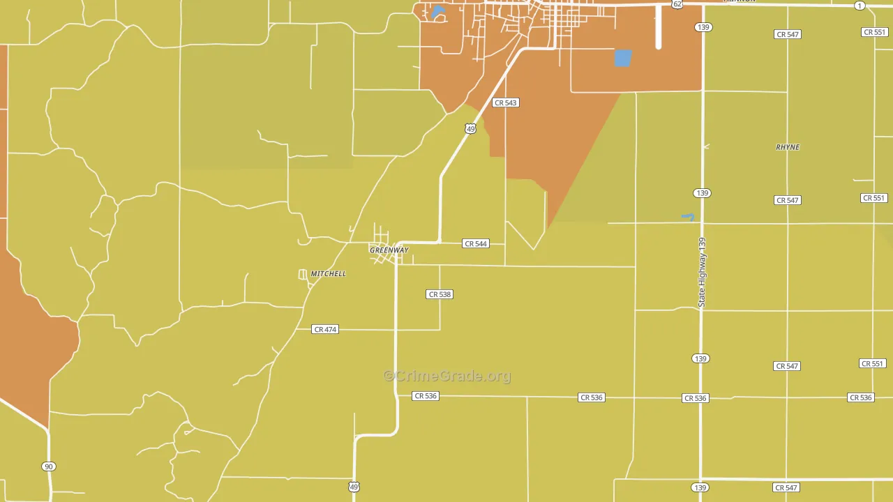 Greenway, AR Map of Arson Rates