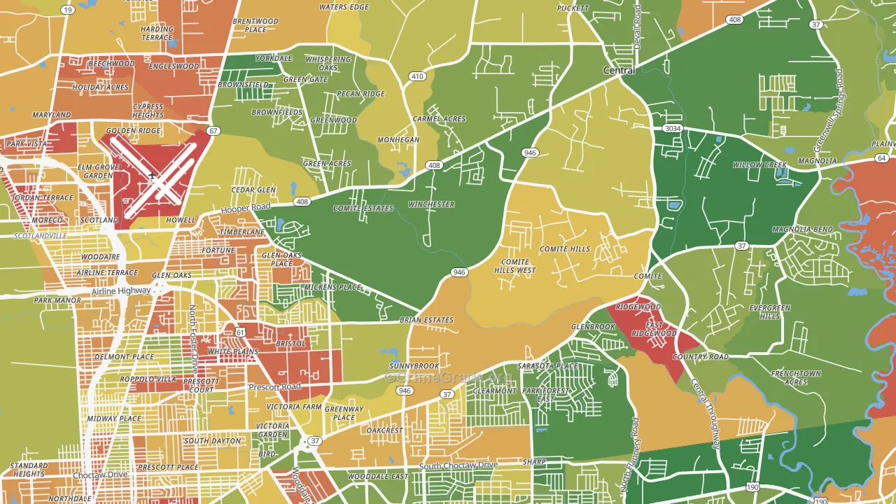 Greenwell Springs-Central Area, Baton Rouge, LA Map of Arson Rates