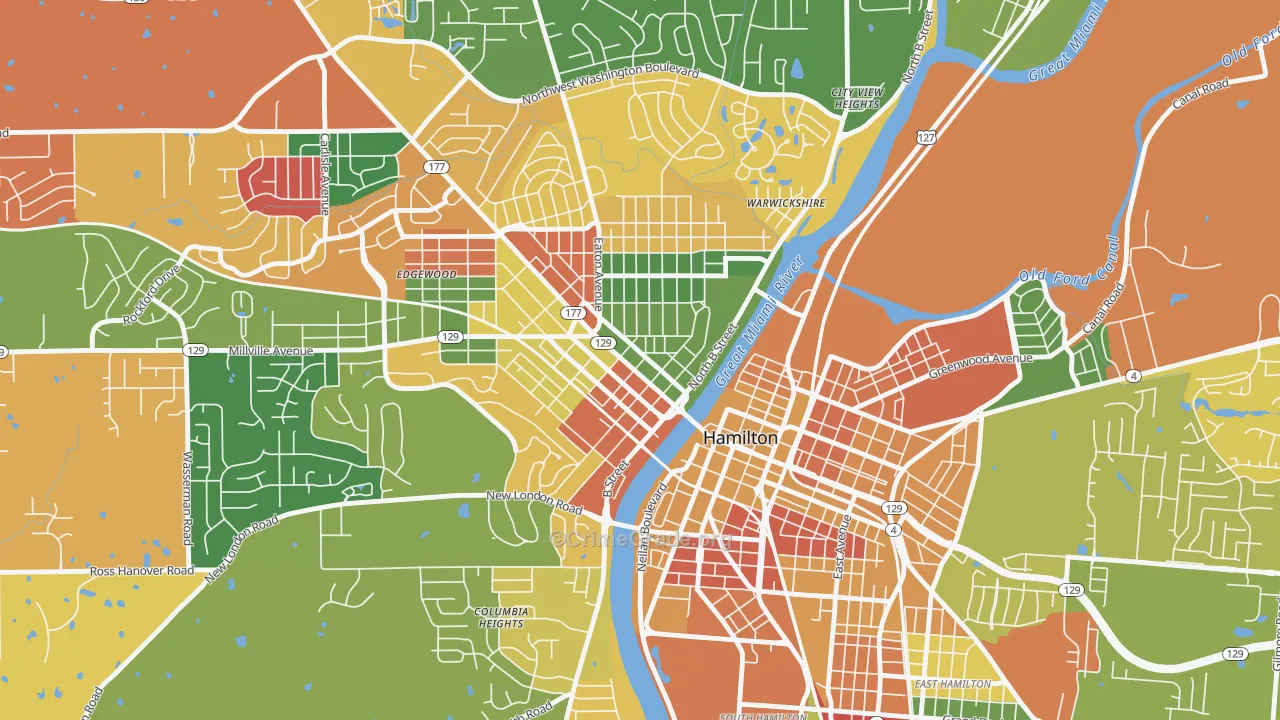 Hamilton Main Street Historic District, Hamilton, OH Map of Arson Rates