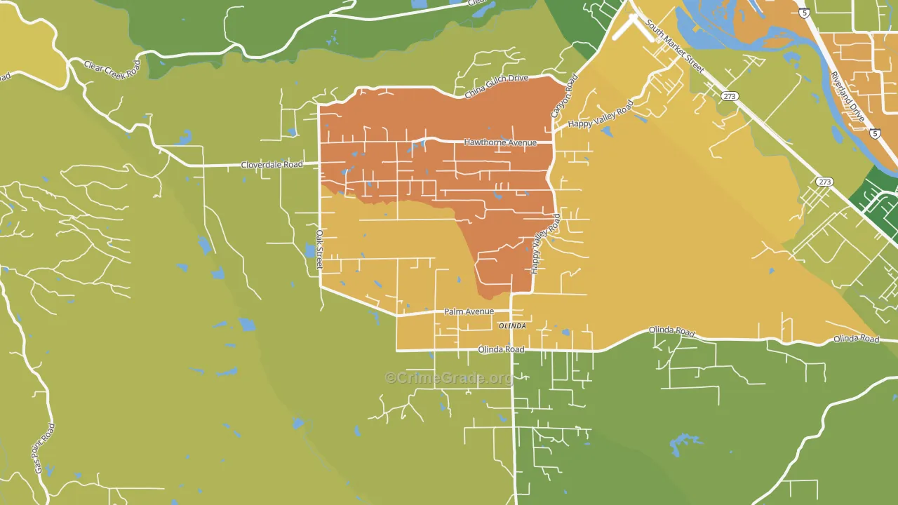 Happy Valley, Anderson, CA Map of Arson Rates