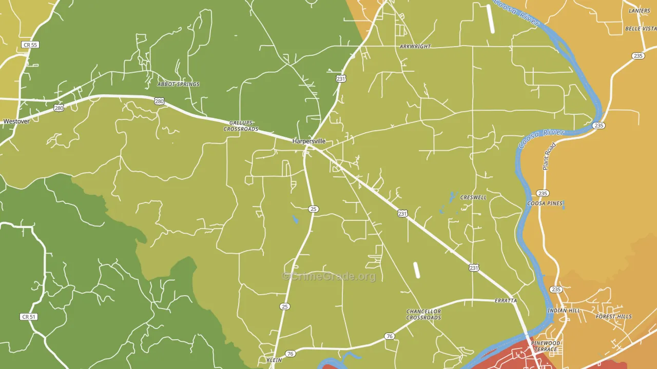 Harpersville, AL Map of Arson Rates