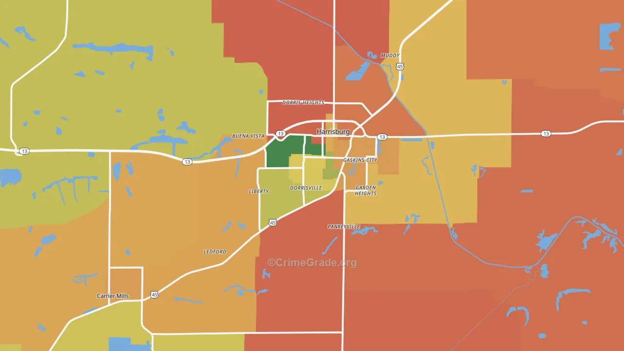 Harrisburg, IL Map of Arson Rates