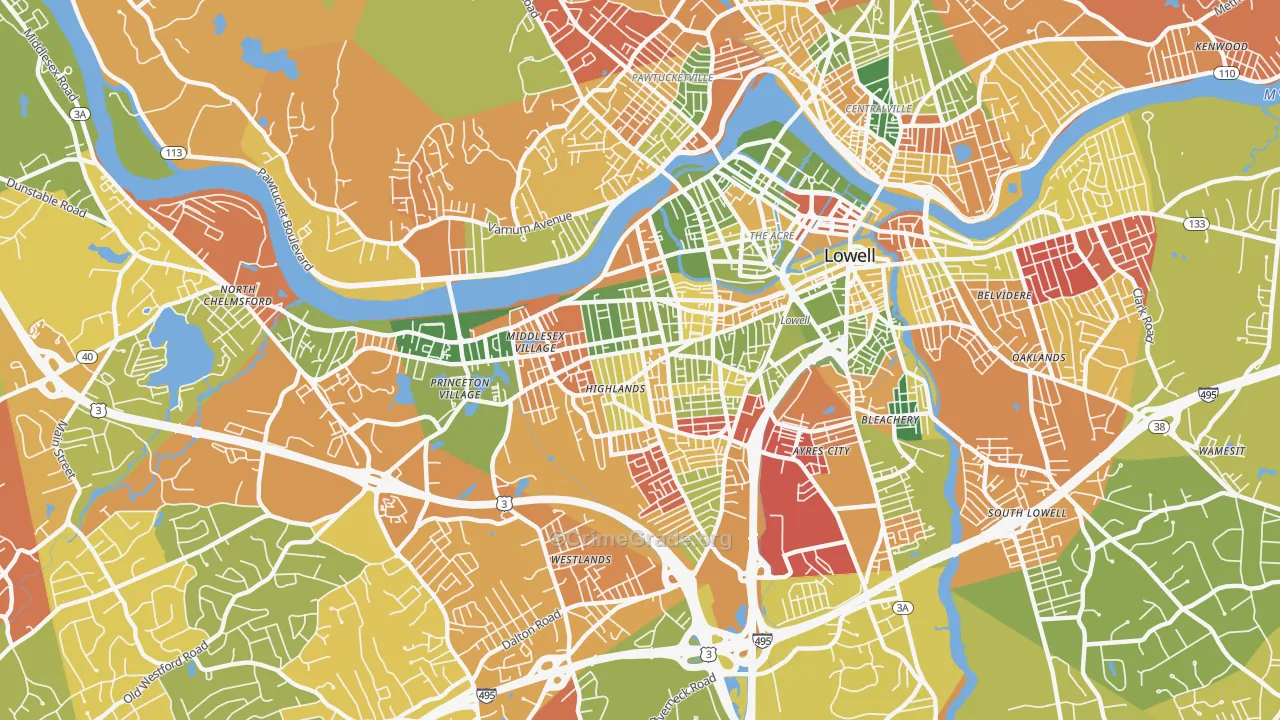 Highlands, Lowell, MA Map of Arson Rates