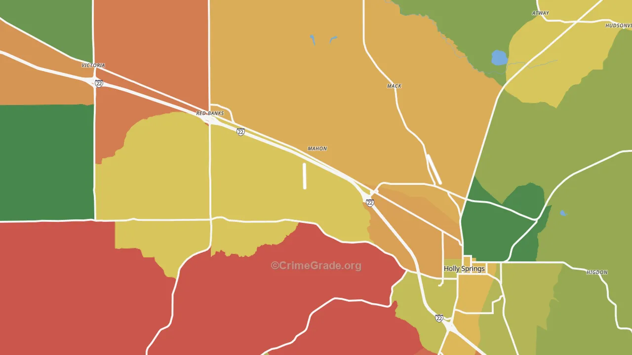 Holly Springs, MS Map of Arson Rates