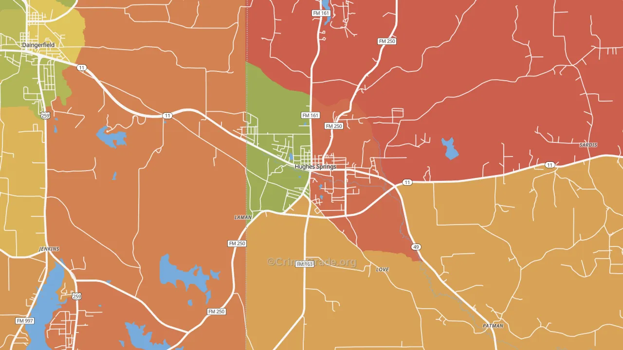 Hughes Springs, TX Map of Arson Rates