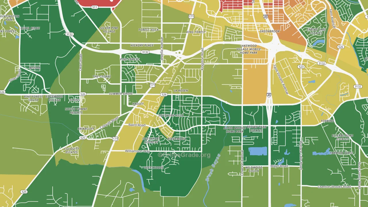 Hyde Park-Brookwood-Southern Hills, Shreveport, LA Map of Arson Rates