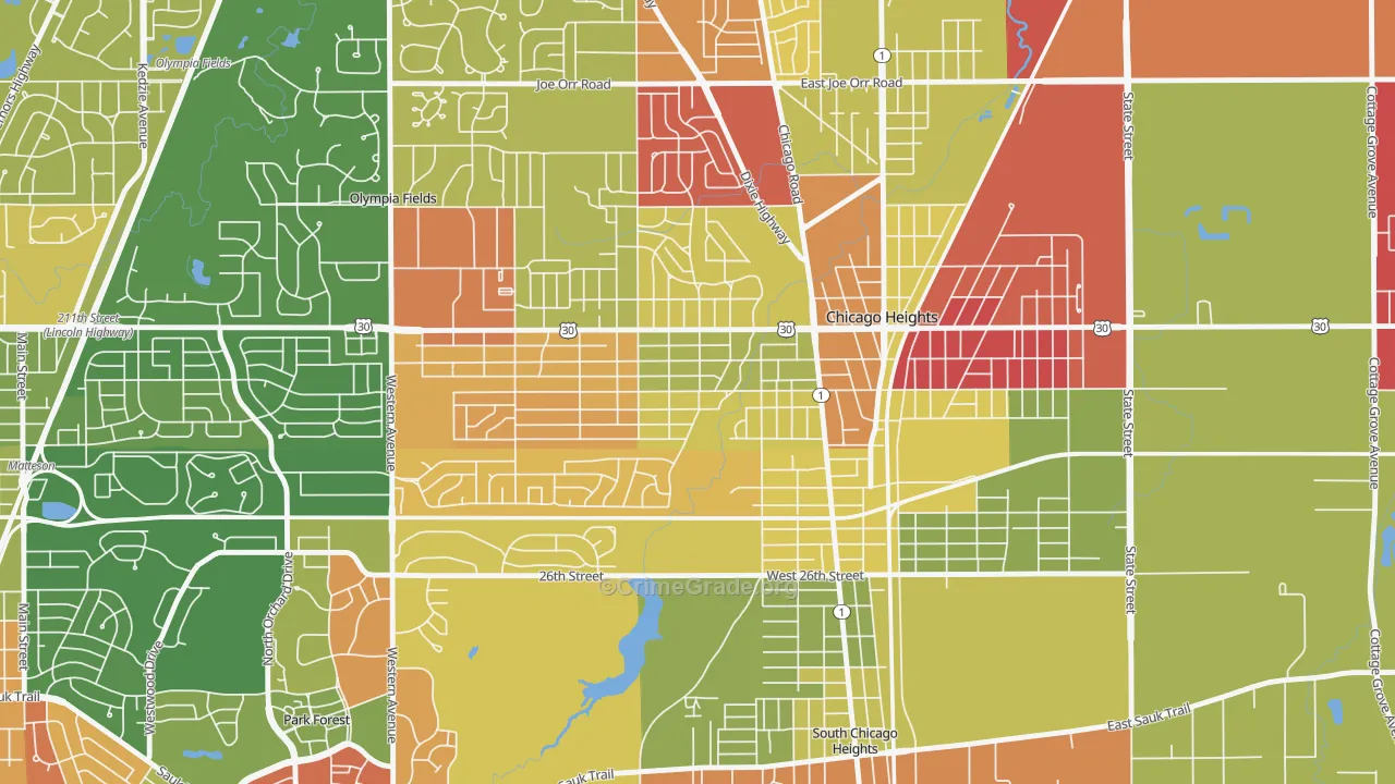 Indian Hill, Chicago Heights, IL Map of Arson Rates
