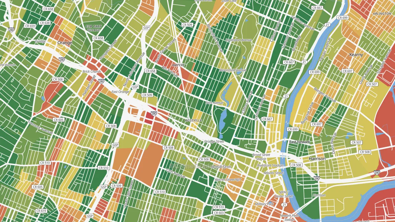 Lower Roseville, Newark, NJ Map of Arson Rates
