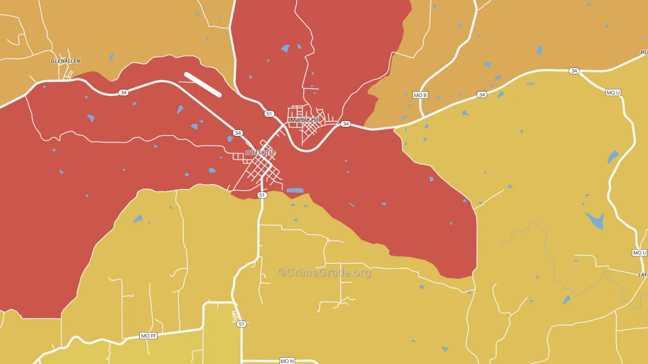 Lutesville, MO Map of Arson Rates