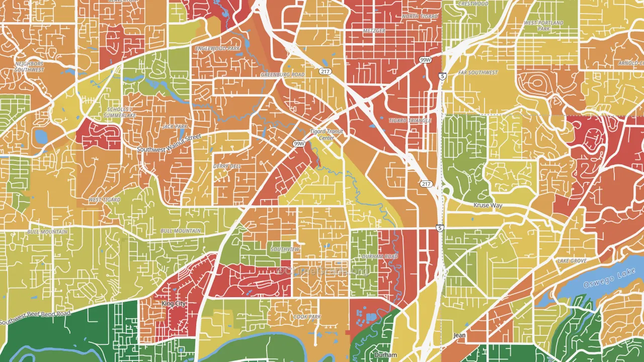 Metzger, Tigard, OR Map of Arson Rates