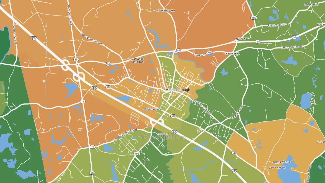 Middleborough Center, MA Map of Arson Rates