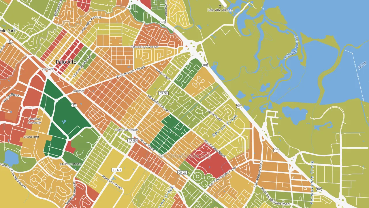 Midtown-San Jose, Palo Alto, CA Map of Arson Rates