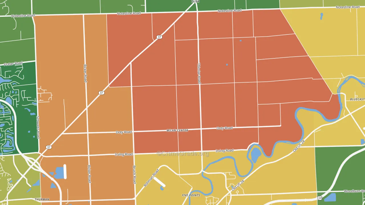 Milan Center, IN Map of Arson Rates
