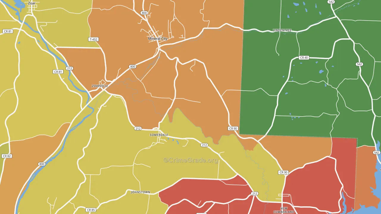 Mineral City, OH Map of Arson Rates