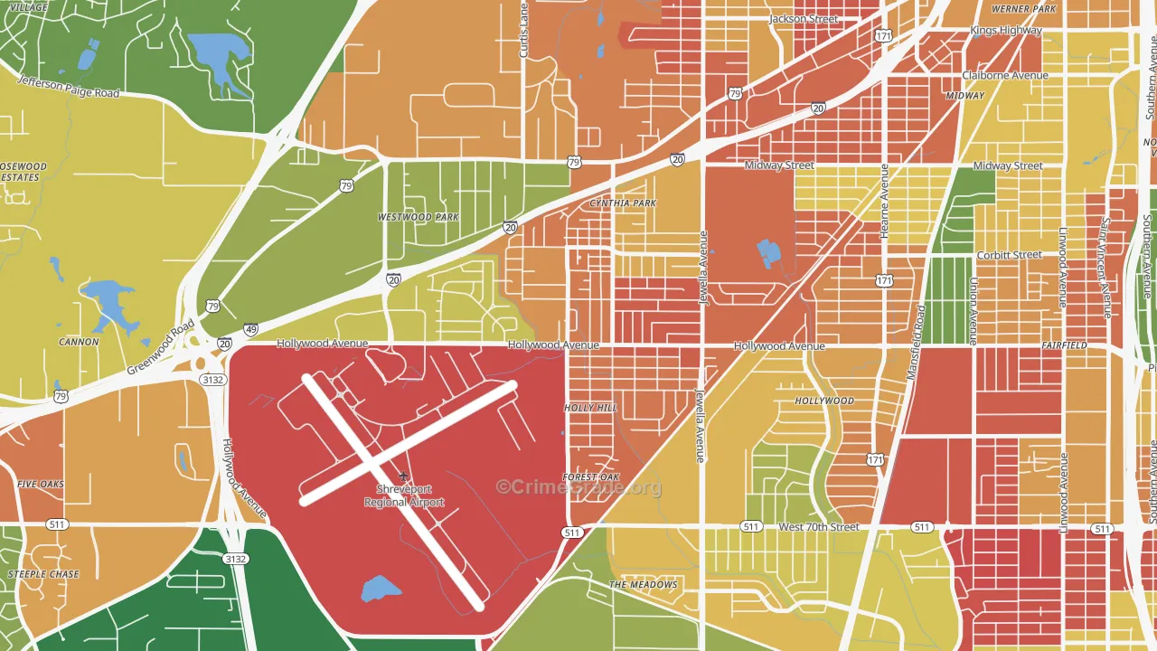 Mooretown and Hollywood Heights, Shreveport, LA Map of Arson Rates