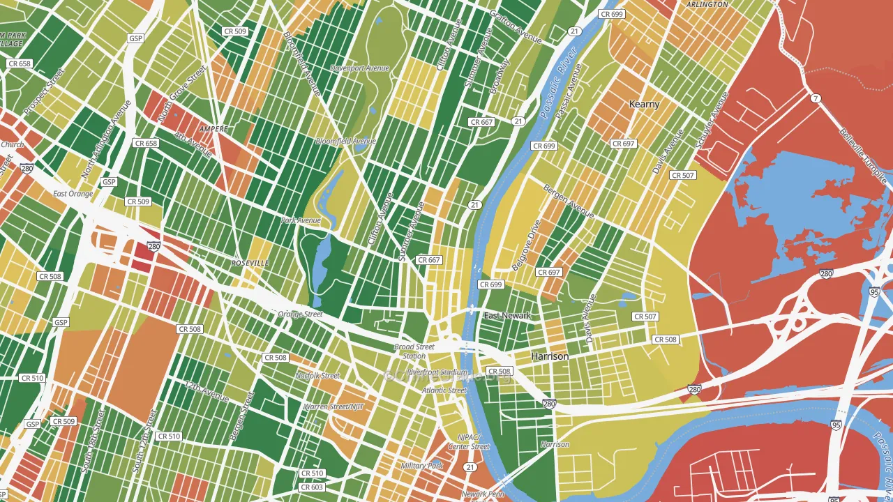 Mount Pleasant-Lower Broadway, Newark, NJ Map of Arson Rates