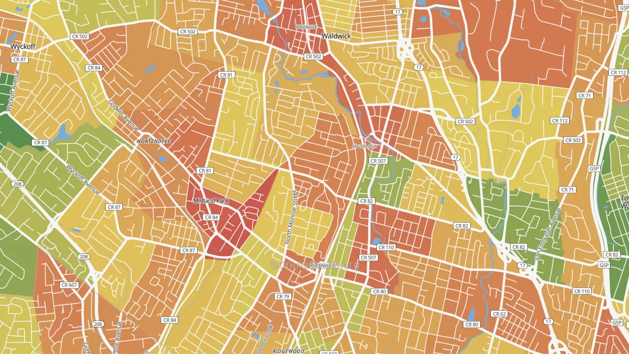 Northwest Ridgewood, Ridgewood, NJ Map of Arson Rates