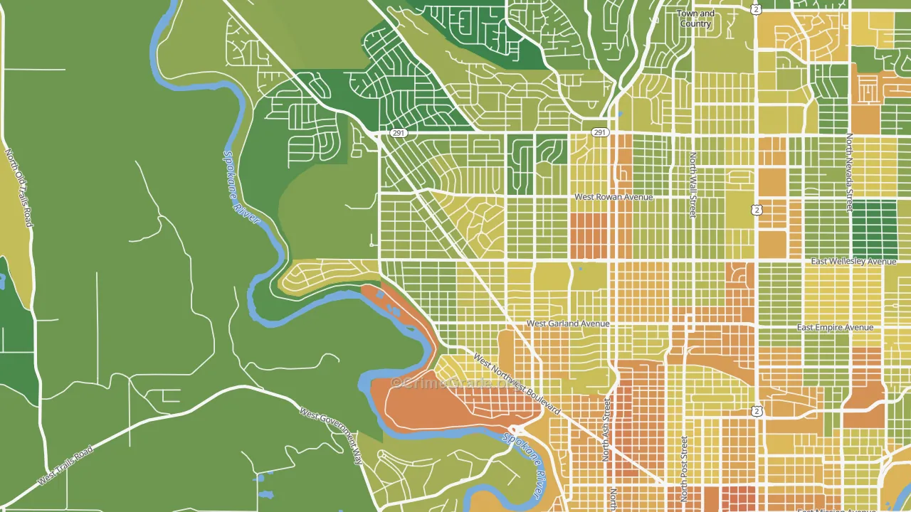 Northwest Spokane, Spokane, WA Map of Arson Rates