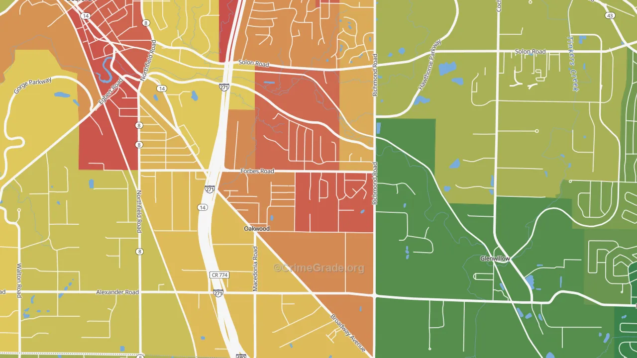 oakwood, Bedford, OH Map of Arson Rates