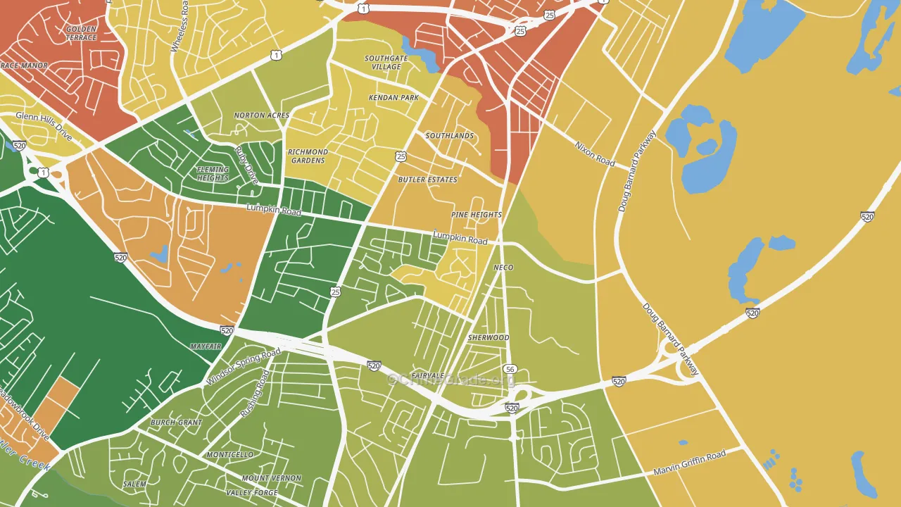 Old Savannah, Augusta, GA Map of Arson Rates