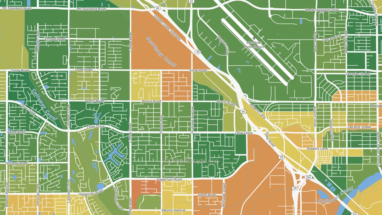 Olive Drive Area, Bakersfield, CA Map of Arson Rates