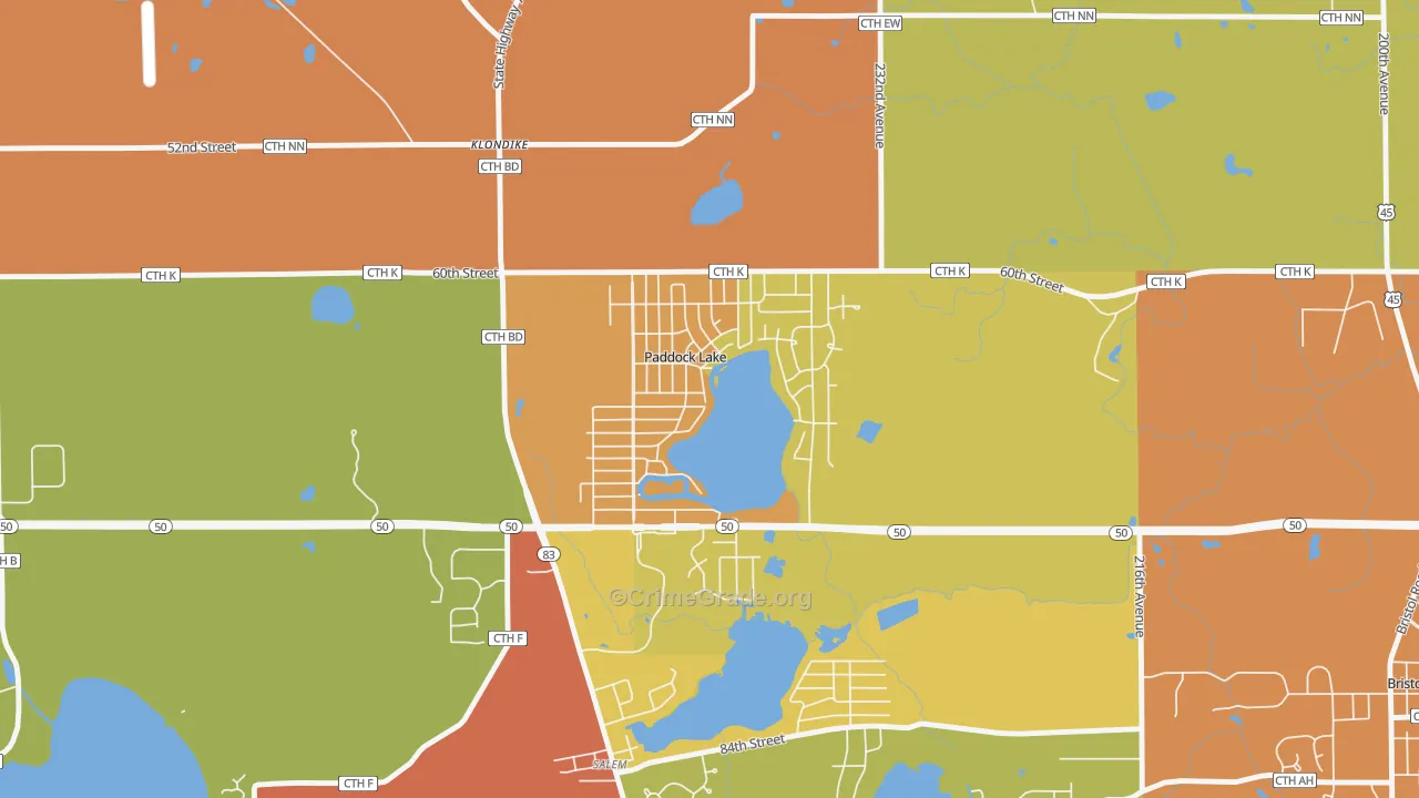 Paddock Lake, WI Map of Arson Rates