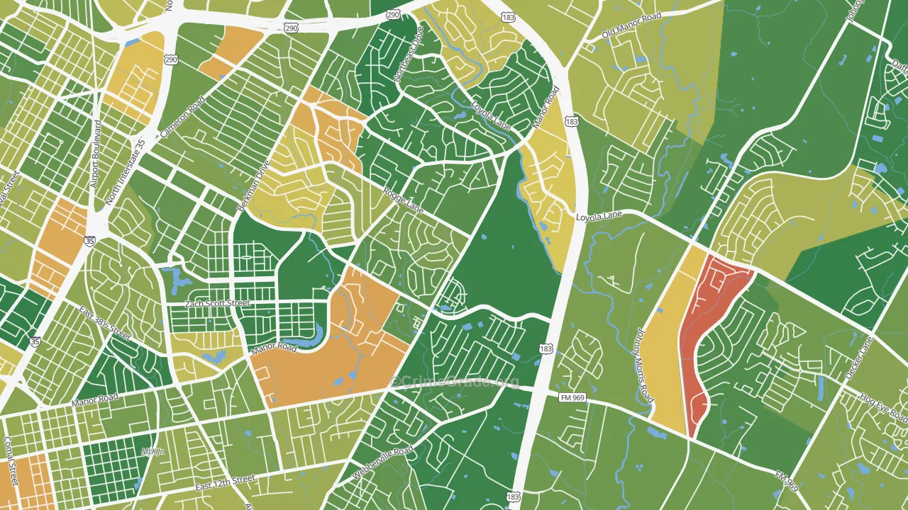 Pecan Springs Springdale, Austin, TX Map of Arson Rates