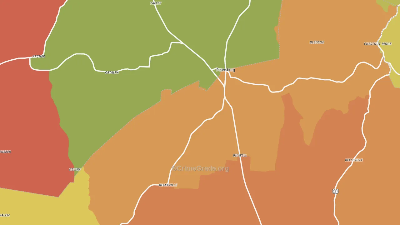 Petersburg, TN Map of Arson Rates